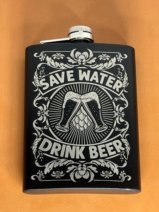 Save Water, Drink Beer Engraved 8 oz Stainless Steel Flask